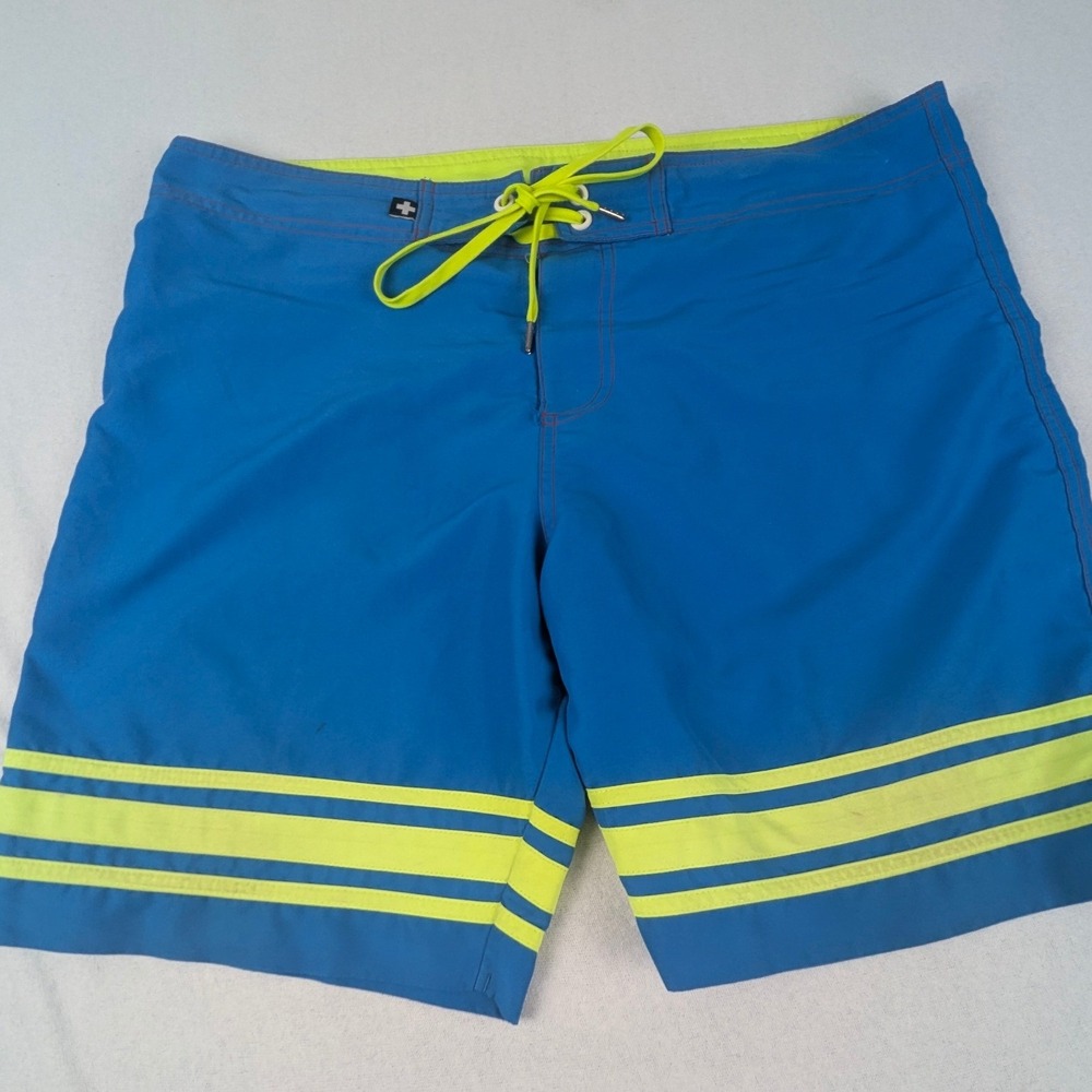 Andrew Christian Mens Blue Neon Yellow Striped Board Shorts Swim Trunks Size 35